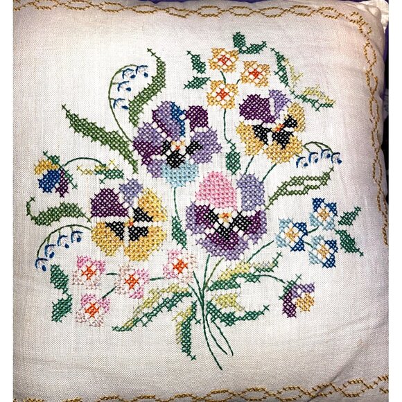 Handmade Floral Cross-Stitch Throw Pillow 14" Square Purple Piping   Linen - Picture 2 of 6